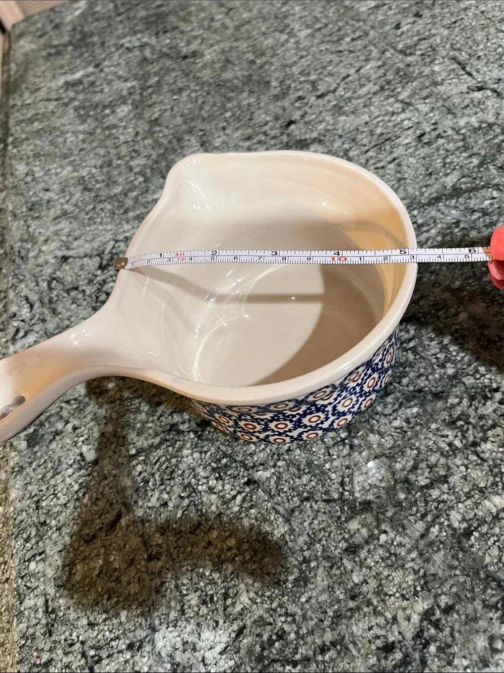 Blue and White Ceramic Pouring Bowl with Geometric Pattern